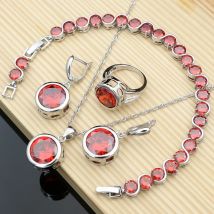Frauen Braut 925 Sterling Silber Fire Red Garnet Edelstein Birthstone Schmuck Sets Ohrringe Stein Armband Ring Halskette Set