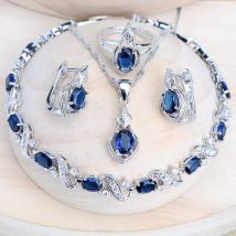 Damen-Brautschmuck-Set aus 925er-Silber, blauer Zirkonia, Modeschmuck, Hochzeit, Ohrringe, Ringe, Armbänder, Anhänger, Halskette