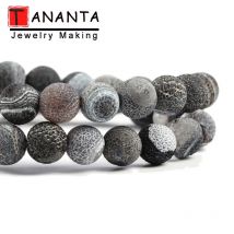Natürlicher Frost-Riss-Achate-Stein, rund, schwarz, matt, Onyx-Perlen für Handarbeiten, Schmuckherstellung, DIY-Armband, 4, 6, 8, 10, 12 mm, 15 Zoll