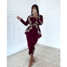 Arabisch Kaftan tee-länge Abendkleider Burgund Langarm Dubai Saudi Spitze Perlen Samt prom kleid Karakou algerien