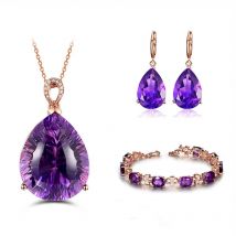 JoiasHome Damen-Schmuckset aus 925er Silber, lila Amethyst, Edelstein, Damen-Ohrringe, Halskette, Armband, Retro, feiner Verlobungsschmuck