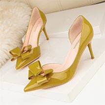 Süße Bowtie Shallow High Heels Schuhe Frauen Herbst Spitz Grün Patent Leder Pumpen Sexy Hohl Damen Kleid Partei Schuhe