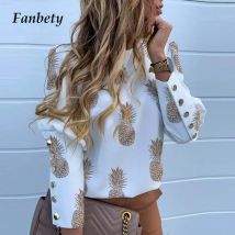 Elegante Neue Puff schulter bluse shirts Büro Dame Herbst Metall Geknöpft Detail Blusen frauen Ananas druck langarm tops