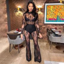 Bkld Mode schwarze Spitze Perspektive sexy Nachtclub Outfits Langarm einteilig weites Bein Overall Frauen Sommerkleid ung
