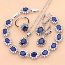 Silber 925-Schmucksets für Damen, natürlicher blauer Saphirstein, Modeschmuck, Geschenk für ihre Party, Halsketten-Sets, 7 Farben
