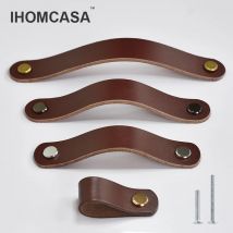 IHOMCASA Brown Leather Knobs European Retro Furniture Drawer Wardrobe Door Handle Cupboard Shoe Cabinet Cowhide Pulls Knob