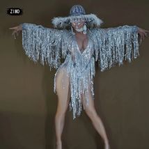 Costumi gogo Body argento con frange scintillanti con paillettes per donne Ballerino Show Body Celebrare outfit Prom Bar Compleanno night club