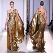 Couture Appliques Gold Abendkleider Lange Mermaid Eine Schulter mit Appliques Sheer Vintage Pageant Abendkleider
