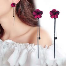 New Korean Style Red Flowers Temperament Statement Earrings for Women Elegant Long Tassel Drop Earrings Wedding Party Jewelry