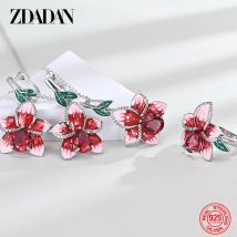 Zdadan Sterling Silber Blumen Wasser tropfen Rubin Ring Ohrringe Halskette Set für Frauen Hochzeit Schmuck Geschenk