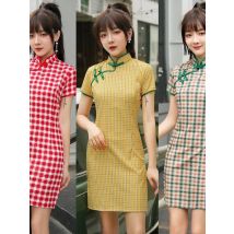Chinese Traditions Elegant Slim Chinese Vintage Short Sleeve Daily Dress Women Cotton Mini Qipao Sexy High Split Plaid Cheongsam