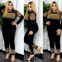 African Clothes for Women Spring and Autumn 2021 African Women Long Sleeve Black Two Pieces Sets Top and Pant African Clothing