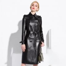 Lautaro-Long Black Faux Leather Trench Coat for Women, Belt, Double Breasted, Vintage, British Style, Overcoat, 6XL, 7XL, Spring