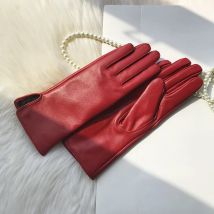 Frauen Aus Echtem Leder Handschuhe Rot Medium Länge Schaffell Handschuh Dünne Futter Herbst Winter Samt Futter Hand Armschutz Winddicht