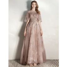 Neue Tüll lange Ballkleider halbe Ärmel Luxus Perlen schiere Hals Brautjungfer Kleid elegante