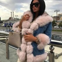 Hochwertige Jeansjacke aus echtem Fuchspelz für Damen, warme Wintermode, Parker-Kleidung, mit Kaninchenfell gefüttert, neu