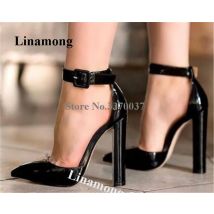 Linamong Frauen Elegante Spitz Patent Leder Chunky Ferse Pumps Riemchen Schnalle Weiß Schwarz Dicken
