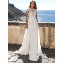 Charmante Mütze Ärmel Spitze Strand Boho Brautkleid aus geschnitten Reiß verschluss eine Linie