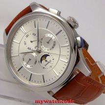 43mm Parnis white dial Power Reserve Indiactor 316L edelstahl uhr fall braun leder strap automatische herren uhr
