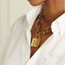 Vintage Chunky Metal Thick Chain Necklace Geometric Letter B Lock Pendant Necklace Fashion Women Punk Jewelry Accessories