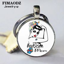 FIMAODZ Autism Mom Keychain Rainbow Puzzle Autism Awareness Symbol Glass Dome Metal Pendant Key Chain Hope Keyring Family Gift