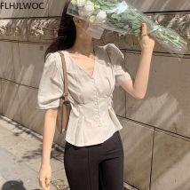 Nette Korea Chic Tops Blusas Frauen Mode Flhjlwoc Schößchen Design Rüschen V-ausschnitt Solide Einreiher Taste Shirts