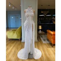 2020 neue Sexy Sparkle Pailletten Meerjungfrau Prom Kleider Kristall Perlen High Neck Side Split Langen Weißen Abendkleid Party Kleider