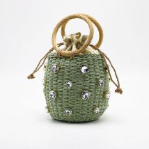 Sommer Runde Rattan Handgemachte diamant Perle Tasche Böhmischen Freizeit Stroh Tasche Eimer Stricken Schulter Crossbody Perlen Strand Tasche