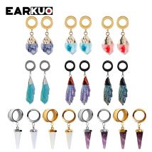 EARKUO Fashion Body Jewelry Stainless Steel Stone Crystal Dangle Ear Piercing Plugs Gauges Ear Screw Tunnels Stretchers 2PCS
