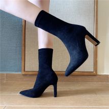 2025 herbst Mid-Kalb Arbeit Schuhe Damen Mode Plus Größe 42 Weiche Flock Schwarz Kurze Stiefel Frauen Slip auf High Heels Botas De Mujer