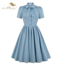 2025 Blue Pleated Dress Vintage Style Bow Tie Neck Button Up Elegant Women Summer Belted Pinup 60s 50s Rockabilly Dresses SD0081