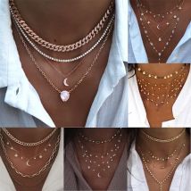 Boho Neue Vintage Mode Multilevel Halsketten Für Frauen Kristall Herz Stern Sonne Mond Geometrie Anhänger Halskette Weibliche Schmuck