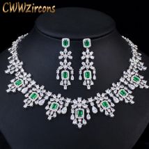 CWWZircons Luxus grüner Zirkonia für Damen, Hochzeit, Party, Braut, Halskette, Ohrringe, Schmucksets, Brautkleid-Accessoires, T0611