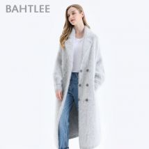 BAHTLEE-Damen Angora Zweireihiger Langer Mantel, Woll strickjacken, Jumper, Umdrehung kragen,