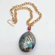 Natural Multi Color Abalone Shell Red Cubic Zirconia Pave Gold Plated Chain Necklace Pendant
