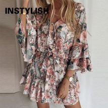 Elegantes Blumendruck-A-Linien-Kleid, Sommer, Bohemian-Stil, V-Ausschnitt, Rüschen, Chiffon-Kleid, Damen, lässig, Strandparty, Minikleid, Übergröße 2XL