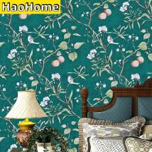 HaoHome Pfirsich Baum Schälen und Stick Tapete Grüne Tapete Moderne Blume & Vogel Wasserdicht Abnehmbare Selbst Klebe Tapete