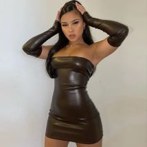 Faux PU Leder Mit Handschuhe Party Kleid Frauen Backless Sexy Hot Clubwear Dünne Schlank Solide Art Und Weise Bodycon Mini Kleider