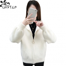 UHYTGF Nachahmung Nerz Herbst Winter Pullover Jacke Frauen Mode Mit Kapuze Strickjacke Weibliche Lose Kurze Große Größe Mantel 1192