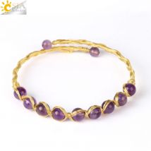 CSJA Natural Stone Round Beads Bracelet Wire Wrapped Copper Malachite Amethysts Open Cuff Bangles Women Gold Color Jewelry G812