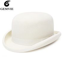 GEMVIE 100% Wolle Filz Weiß Bowler Hut Für Männer/Frauen Satin Gefüttert Fashion Party Formale