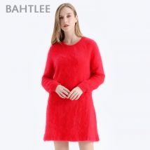 BAHTLEE-Frauen Angora A-Linie Kleid, über dem Knie, Woll strick pullover, lange Ärmel, O-Ausschnitt,