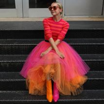 Hot Pink And Orange Tulle Skirts юбки Ruffle Pleated Tiered Mid-Calf Party Skirt mujer faldas Girls Fashion Wear