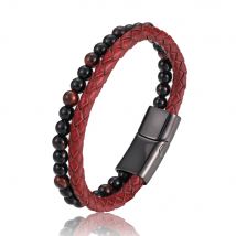 Beaded Bracelet Natural Stone Genuine Leather Stainless Steel Magnetic Closure Bangle for Men Women Charm Cuff Jewelry