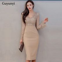 Profession elles elegantes Party kleid 2024 Frühling V-Ausschnitt sexy Perspektive Spitze Nähte knielange hohe Taille enges Kleid Frauen