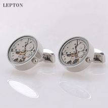 Heißer Uhr Bewegung Manschettenknöpfe Glas Glasfront Lepton Edelstahl Steampunk Getriebe Uhr Mechanismus Manschettenknopf für Herren Drop Verschiffen