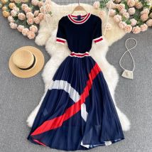 Women Fashion Knitting Sweater Patchwork Dress Short Sleeve Summer Casual Vacation Holiday Midi Sundress