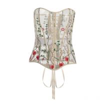 Embroidery Corset Crop Top Women Sleeveless Y2K Mesh See Through Strapless Summer Tube Tank Tops Sexy Off Shoulder