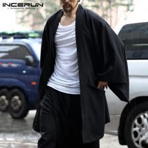 Mode Männer Graben Baumwolle Öffnen Stich Mäntel Solide Langarm Casual Japanischen Kimono Streetwear Strickjacke 2023 Oberbekleidung INCERUN