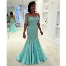 Luxus Kristalle Perlen Meerjungfrau Mutter Kleider Mint Oansatz Halbe Hülse Mutter der Braut Kleid Elegante Lange Formale Abendkleid
